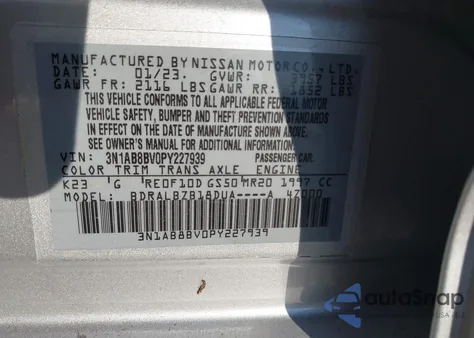 2023 Nissan Sentra S Xtronic Cvt z USA, uszkodzony, nr VIN 3N1AB8BV0PY227939